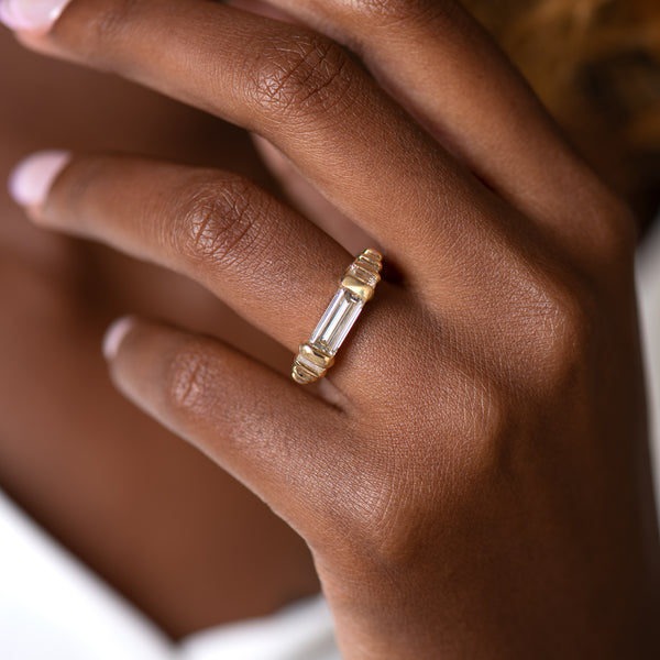 Ready to Ship - Diamond Dune Ring with Top Light Brown Baguettes