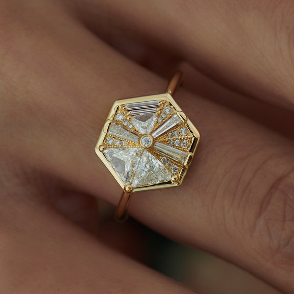 Hexagon Engagement Ring with Cluster of Diamonds