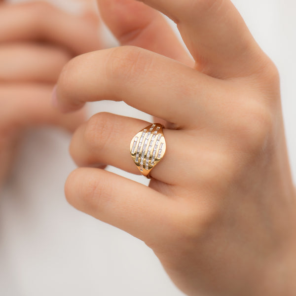 Golden Radio Ring with Baguette Diamond Pave