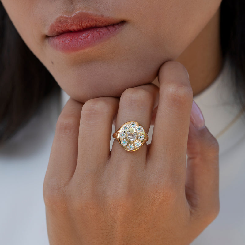 Duchess-Cat-Shaped-Diamond-with-Paraiba-Flowers-Signet-Ring-On-Model