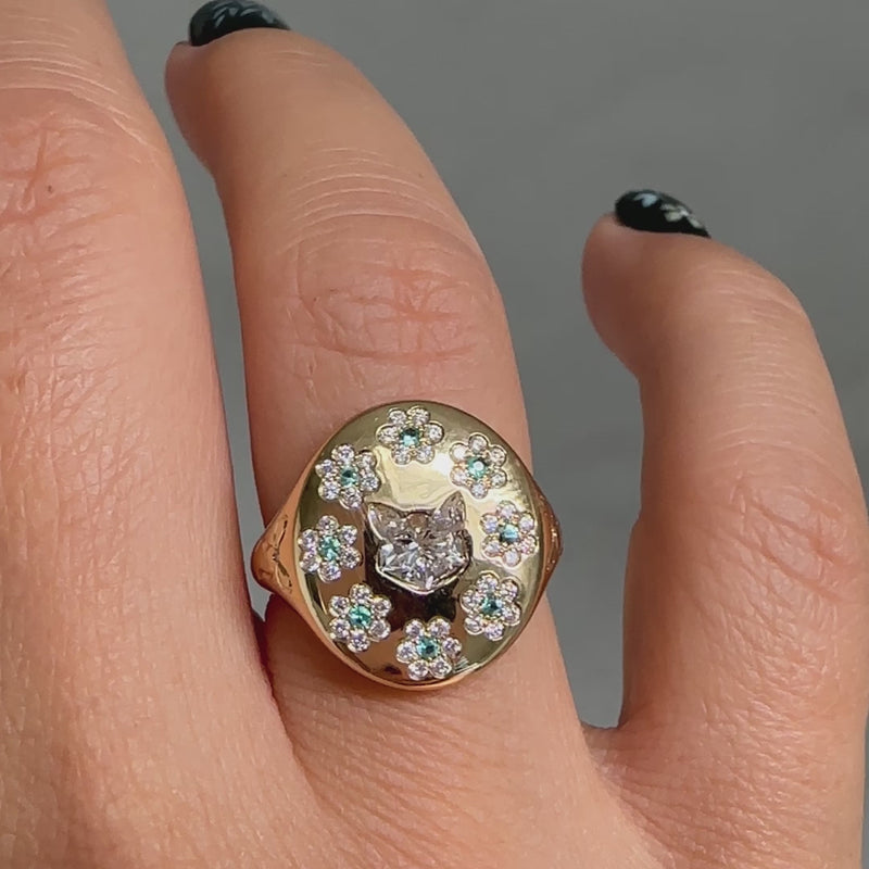 Duchess-Cat-Shaped-Diamond-with-Paraiba-Flowers-Signet-Ring-VIDEO