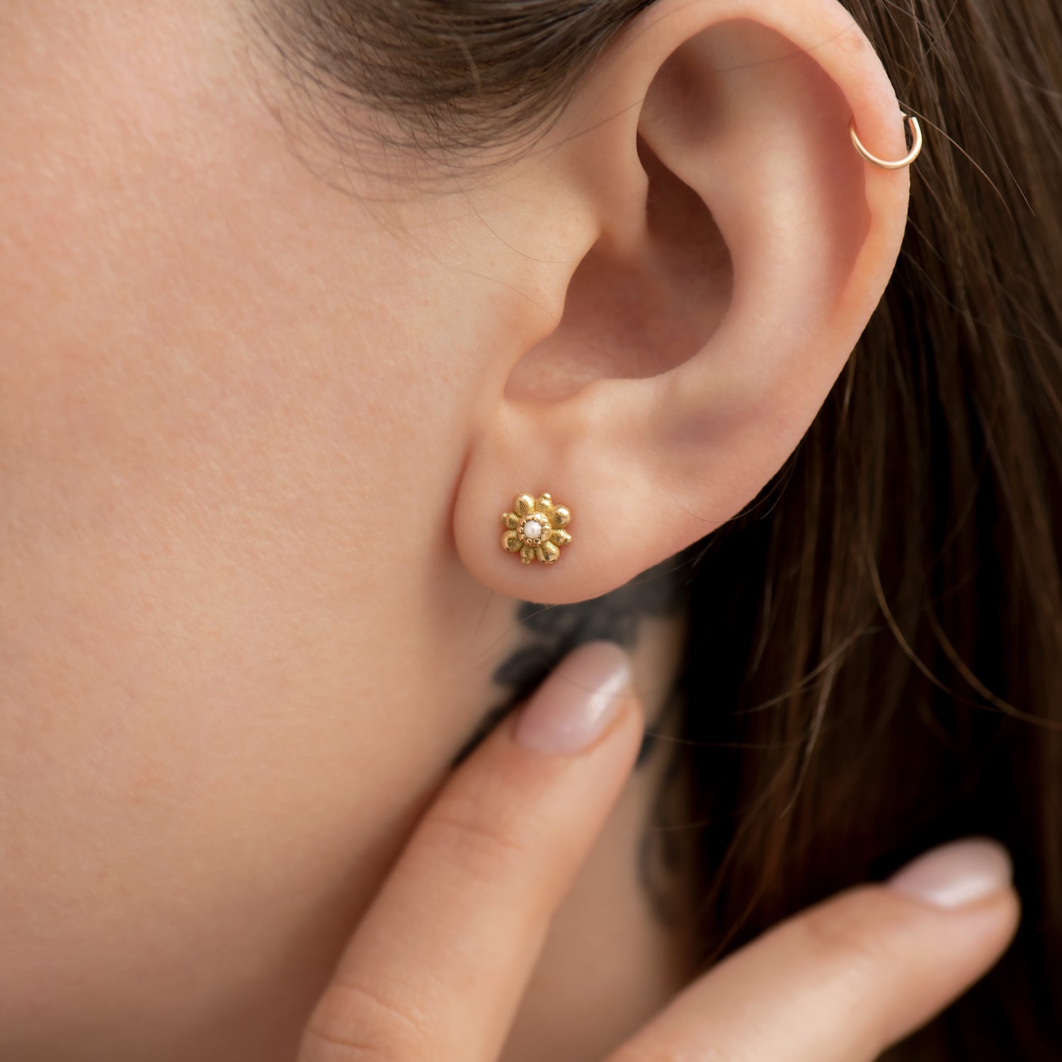 Dainty Gold Flower Stud Earrings with White Seed Pearl