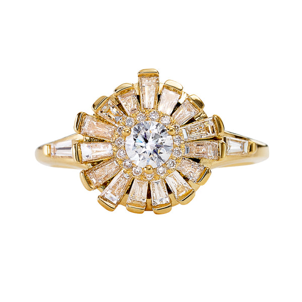 Halo Ring with Baguette Diamond Frills - Asymmetric Halo Engagement Ri ...