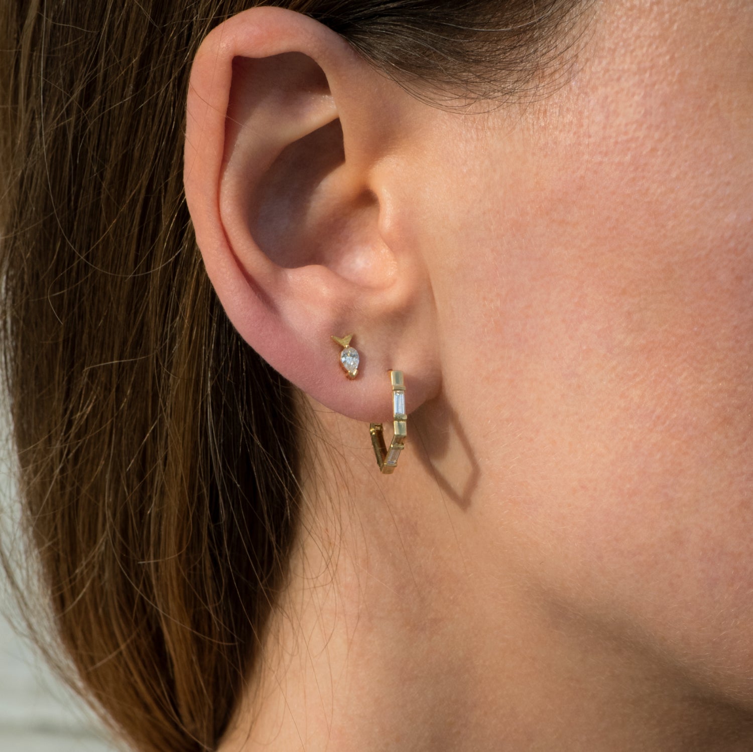 Pentagon Shaped Hoop Earrings with Baguette Diamonds