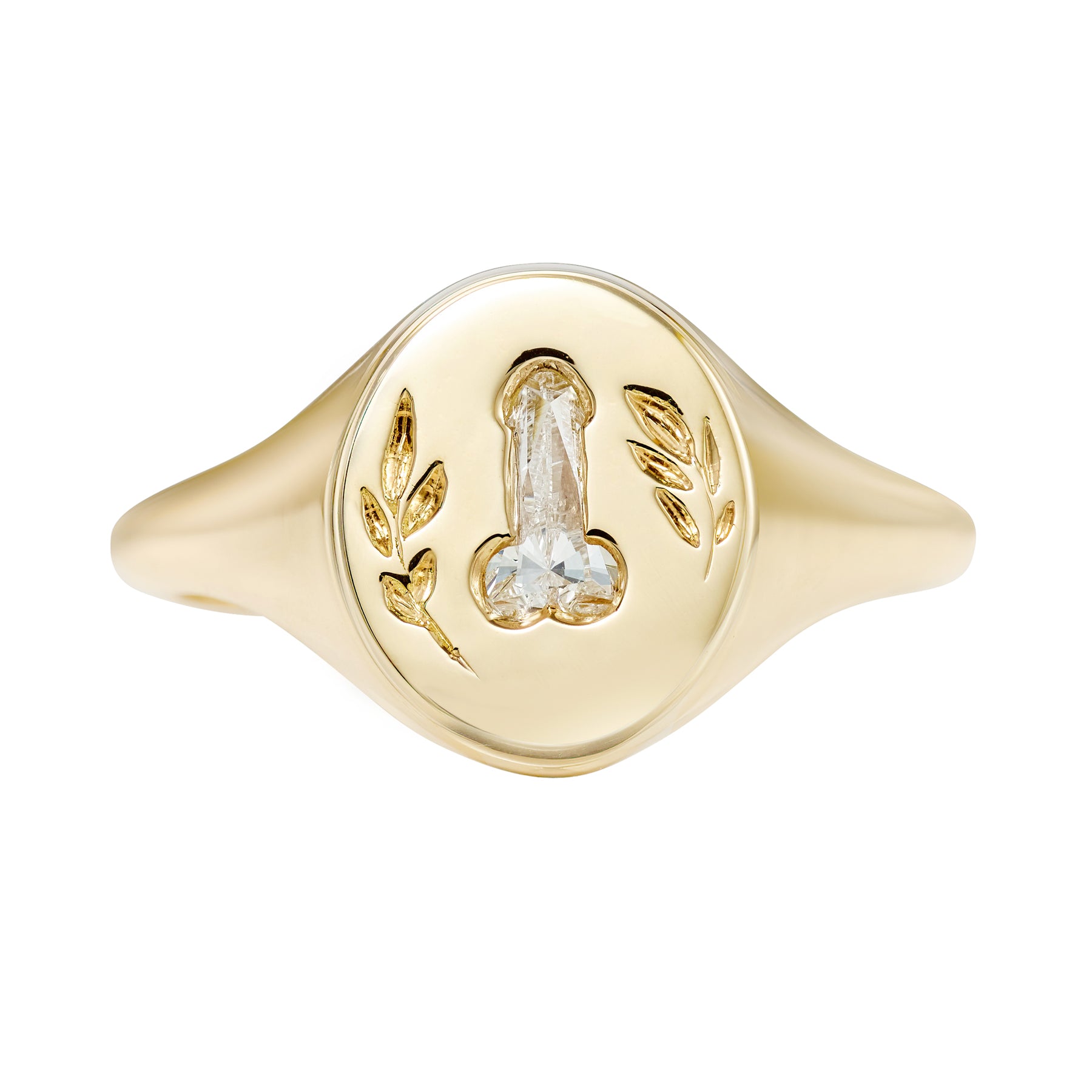 Statement Signet Ring with A F.U. Diamond and Hand Engraving ~0.3 SI1 D-J