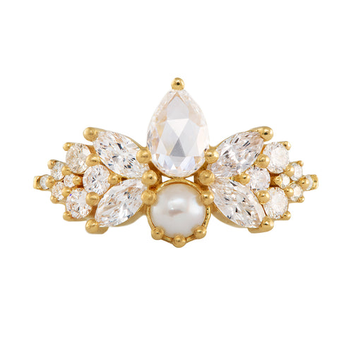 Rose Cut Diamond Ring with Freshwater Pearl - Diamond Butterfly